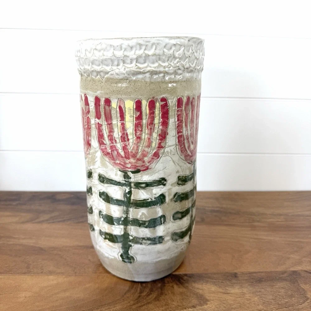 Primitive Textured Floral Vase 11.5
